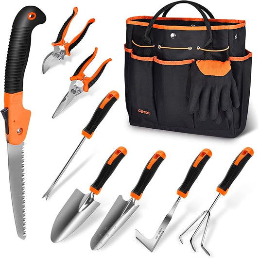 Garden Tools Set, Carsolt 10 Piece Stainless Steel Heavy Duty Gardening Tools Set for Planting Pruning Gardening Kit with Durable Gardening Bag Gloves Gift Box Ideal Garden Gifts for Women Men(Orange)