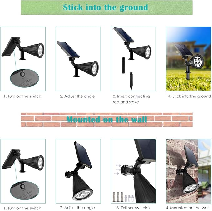 URPOWER Solar Lights Outdoor, Adjustable Solar Spot Lights Outdoor, 2-in-1 Waterproof Solar Landscape Spotlights Wall Light, Dusk-to-Dawn Solar Powered Outdoor Light for Garden, Yard (2 Pack Warm)