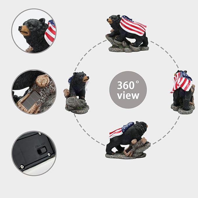 Garden Statue Bear,Solar American Flag Bear Ourdoor Statue,Garden Decor Bears Solar Light,Resin Figurine Lights,Outdoor Decor for Patio,Porch,Balcony,Yard,Lawn