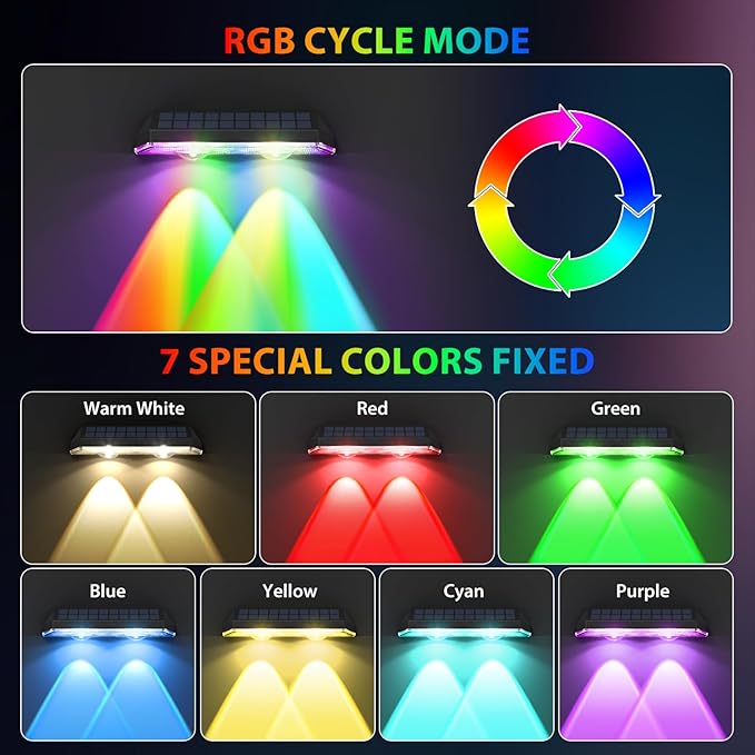 Solar Fence Lights ,RGB & Warm White & 6 Colors Bright Lens LED Dusk to Dawn Deck Light, Fence Solar Lights Outdoor Waterproof, Solar Outdoor Lights for Backyard/Railing/Wall/Step/Patio/Pool (12Pack)