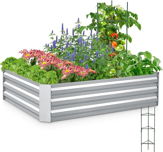 Quictent Galvanized Raised Garden Bed 4x3x1 Ft Metal Planter Box for Vegetables Bottomless for Backyard, Include 1 Tomato Cage, Silver