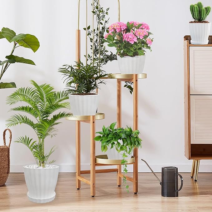 Flower Pots Outdoor Clearance 6 inch Set of 5 Succulent Planters for Indoor Plants Garden Home Holiday, Plastic Nursery Pots for Plants with Drainage Holes and Saucer, Modern Plant Pot White