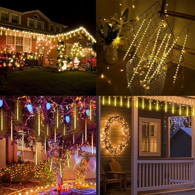 Christmas Lights Outdoor, Meteor Shower Lights Falling Star Lights 16 inch 8 Tubes 256 LED Icicle Snow Falling Lights Raindrop Lights for Xmas Tree Holiday Party Decoration, UL Plug, Warm White