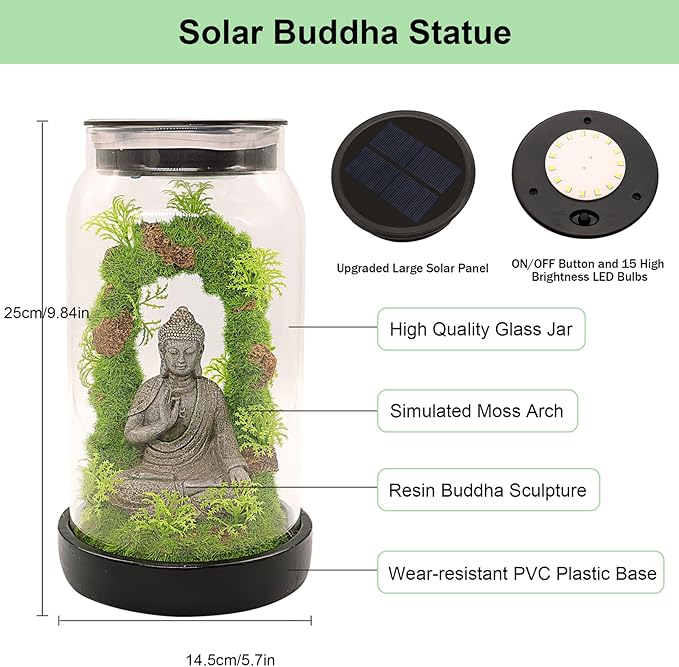 Solar Garden Buddha Statue for Home Decor - 9.8'' Zen Solar Lights Sculptures Decor with 15 LED, Sitting Meditating Buddha Serene Moss Figurine in Jar for Patio Lawn Yard Good Luck Housewarming Gifts