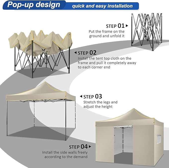 COBIZI 10x10 Heavy Duty Pop up Canopy with 4 Removable Sidewalls, Canopy Tent with Portable Bag, Ez Pop up Tent Commercial Gazebo Waterproof Sunshade for All Weather Party Camp Stall Patio,Khaki