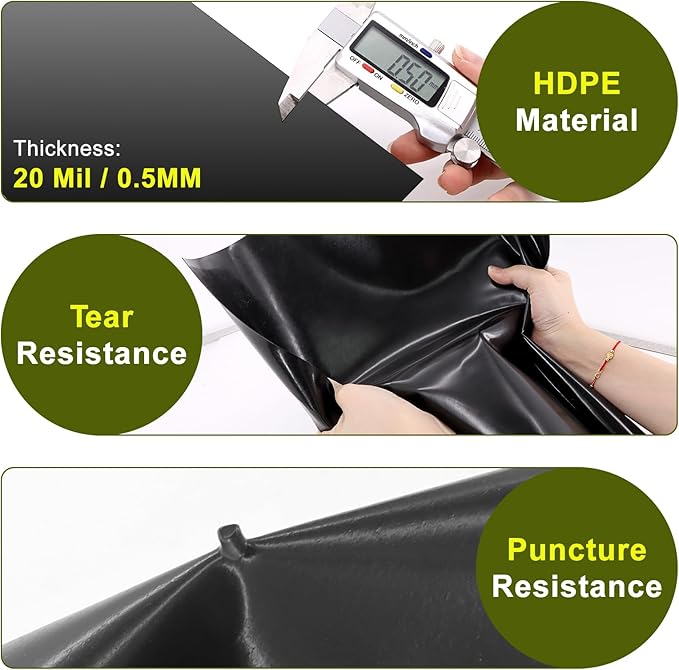 20 x 25 FT Pond Liner, HDPE Pond Liners for Outdoor Ponds 20 Mil Easy Cutting Puncture Resistant Impermeable Pond Liners Skins for Koi Fish, Water Garden Waterfall Fountain Aquaculture Pond