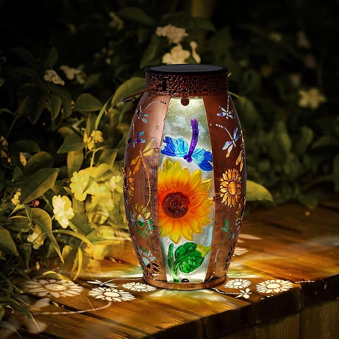 Solar Lanterns Outdoor Hanging Light - Sunflower Dragonfly Solar Powered LED Glass Lights Decorative Waterproof Tabletop Lamp with Hollowed-Out Design for Yard Table Patio Garden Pathway Holiday