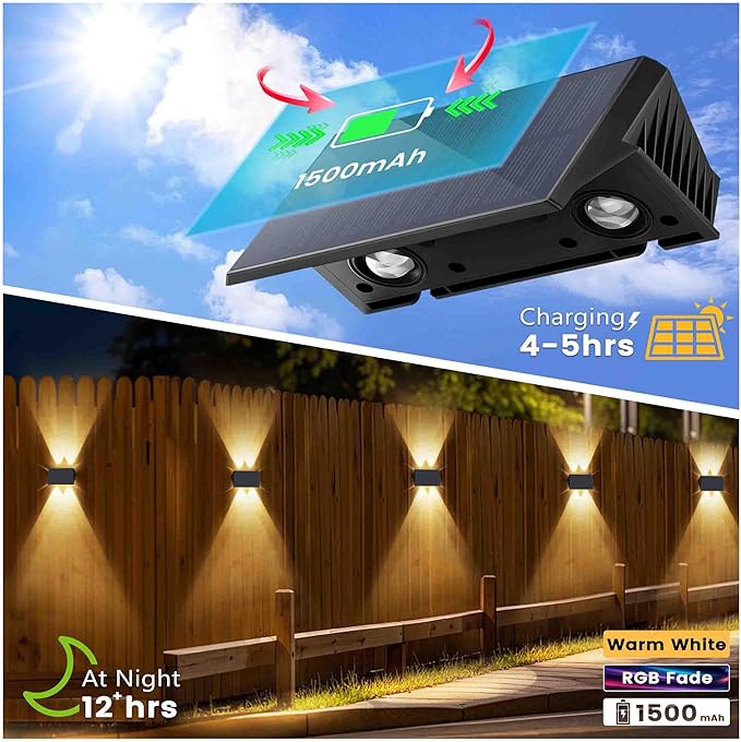 Fence Lights Solar Powered, 4-Pack Solar Fence Lights Up/Down Flexible Buttons, IP67 Waterproof for Outdoor, 120LM Bright, Auto Dusk to Dawn for Wall/Stairs/Yard/Railing/Deck/Pathway (White & RGB)