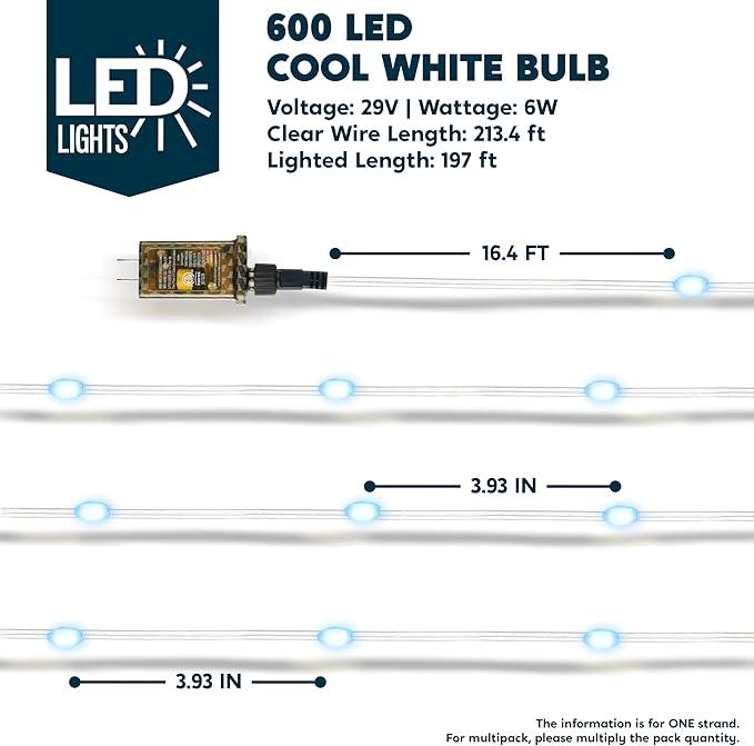 Joiedomi 600 LED Christmas Lights Outdoor,197 FT Cool White Christmas Tree Lights with 8 Modes Timer, PVC Clear Wire String Lights with Reel for Indoor Outdoor Holiday Xmas Eve Night Decorations