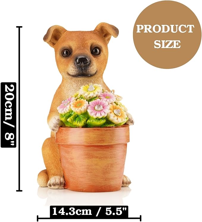 Muldale Solar Dog Statues Outdoor - Solar Powered Outdoor Dog Garden Statue - Hand Painted Floral Plant Pot Light Up