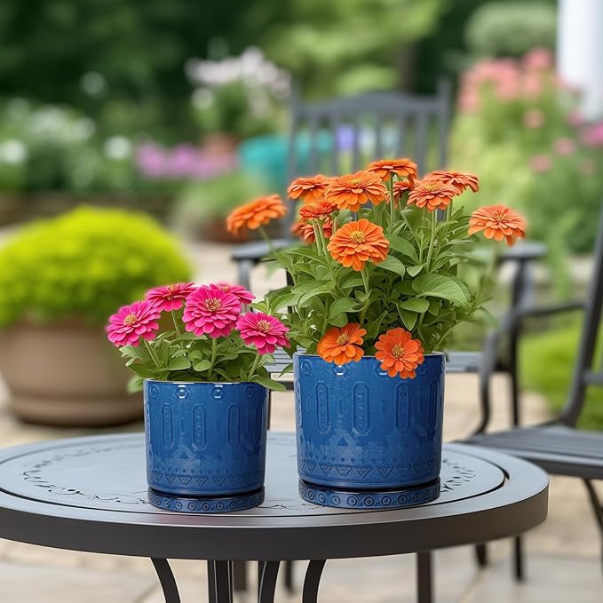 Ceramic Planter - 8 Inch Plant Pot Indoor with Drainage Holes and Saucer Round Planter Outdoor Mid-Century Modern Flower Pot Succulent Pot for Home Decor Blue