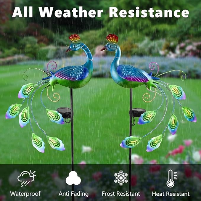DREAMSOUL 2 Pack Peacock Solar Lights Outdoor Waterproof, Metal Outdoor Solar Lights for Yard Garden Peacock Decor