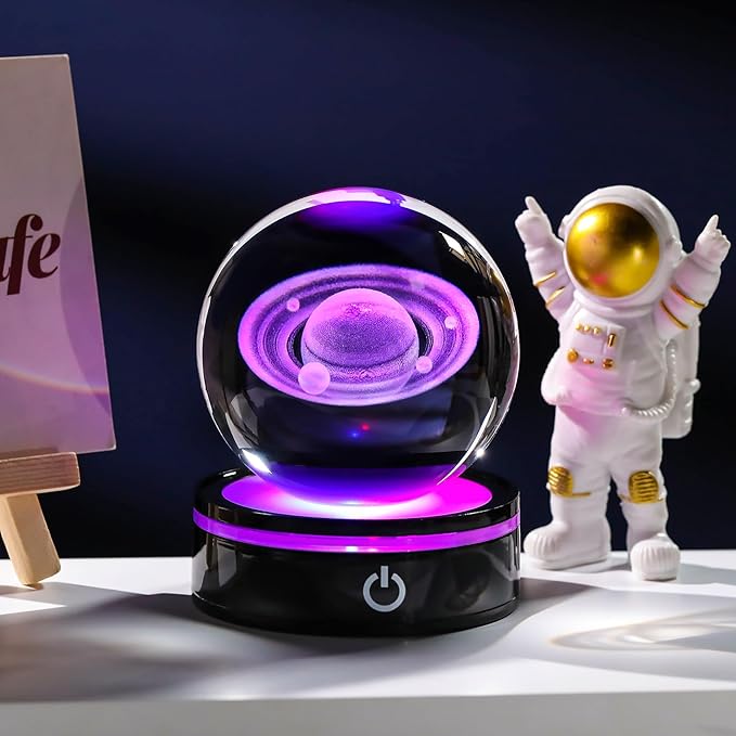 YWHL 3D Crystal Ball with LED Light Base, 3D Laser Engraved Glass Sphere Galaxy Crystal Ball for Home Decorations, Planet Saturn Lamp Gifts for Mother's Day Birthday Christmas (80mm)