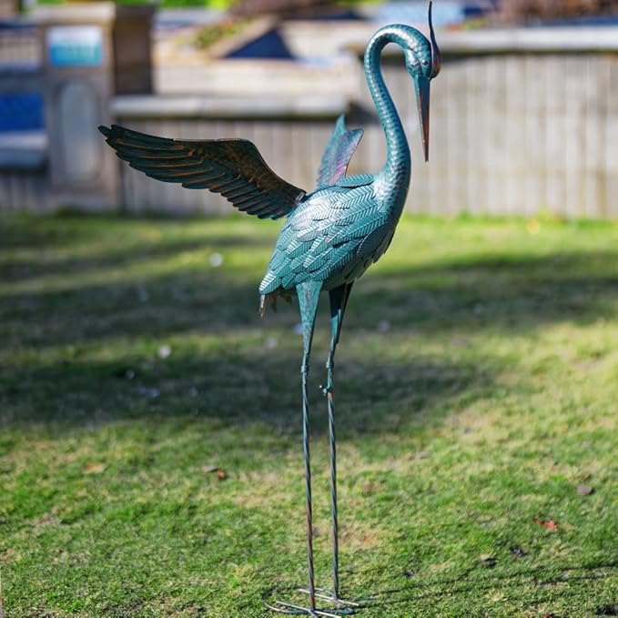 44'' Blue Heron Garden Statue, Large Crane Outdoor Statue, Crane Metal Yard Art for Outside Backyard, Pond, Patio, Lawn Decor