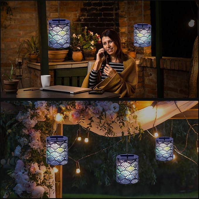 RGB Solar Lanterns Outdoor Waterproof Hanging Solar Lights Gifts for Men Women Metal Decorative LED Lanterns for Yard, Patio, Lawn, Tabletop, Pathway, Landscape, Garden Decor Fan Style(1 Pack)