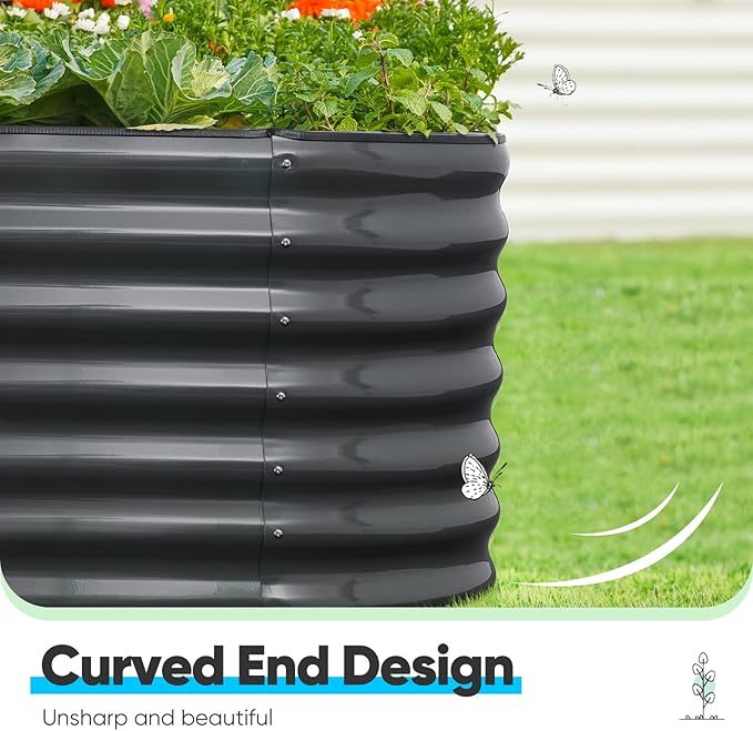 Quictent Galvanized Raised Garden Bed Kit, 6x3x2 ft Oval Metal Planter Box Tall for Vegetables Outdoor Backyard, Rubber Strip Edging Included, Dark Gray