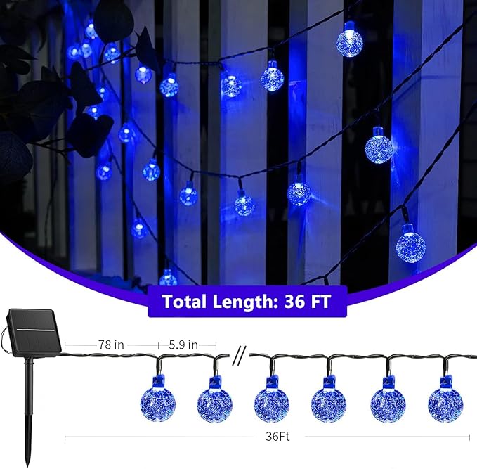 Brightown Solar String Lights - 60 Led, 35.6 Feet Crystal Globe Lights with 8 Modes, Waterproof, Solar Powered for Outdoor Garden Yard Porch Wedding Party Decor Halloween (Blue)