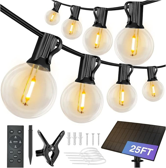 DAYBETTER 25FT Solar String Lights for Outside Waterproof with Remote,12 LED Shatterproof Bulbs Dimmable&Timer, Solar Patio Lights 3 Installation(Clips/Stakes/Nails) for Outdoor Porch Garden Market