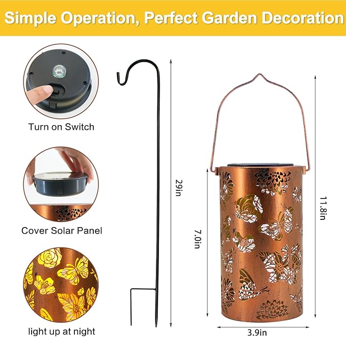 Mothers Day Gifts, 2 Pack Butterfly Solar Lanterns Outdoor Hanging Lantern Lights, Flower Pattern Waterproof LED Garden Decorative Light for Patio Yard Pathway Lawn Front Porch Tree