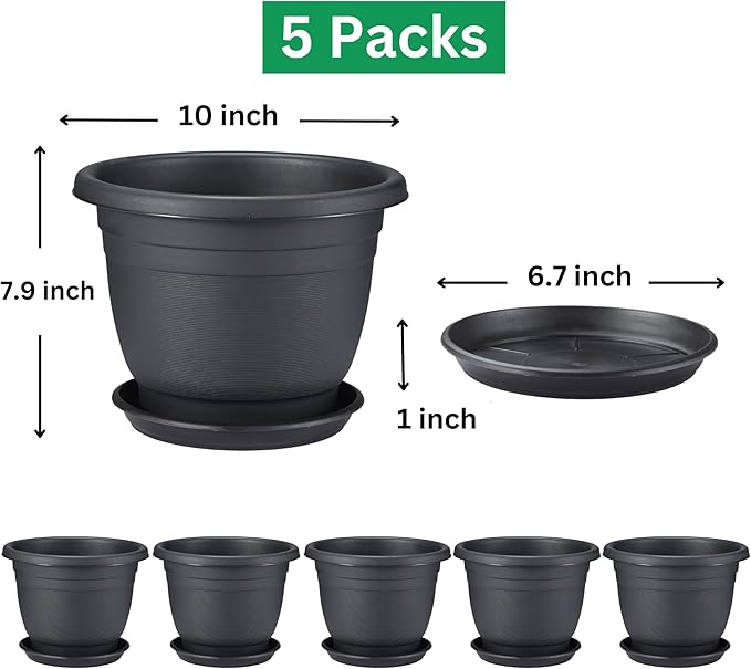 5 Packs 10 inch Plant Pots + Saucer, Planters for Indoor & Outdoor Plants with Drainage Holes | Plastic Flower Pots, Large Planter (Black, 10 inch)