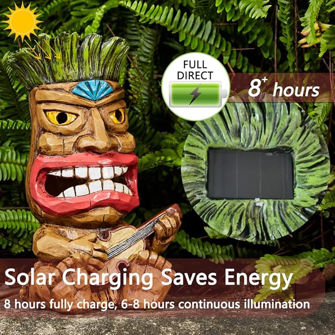 Solar Tiki Statue Outdoor Decor-Garden Guitar Tiki Statues-Tiki Bar Decorations for Outdoor Patio Yard Lawn Balcony Bar Party,Waterproof Garden Sculpture 10.35 Inch Tall