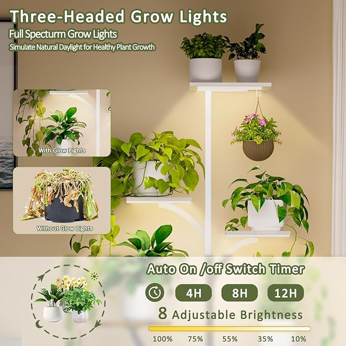 Plant Stand Indoor with Grow Lights, 60" Tall 7-Tier Metal Plant Stand with Wheels & Tree-Shaped Design for Indoor Plants, Flower Holder Display Rack for Home, Patio - White