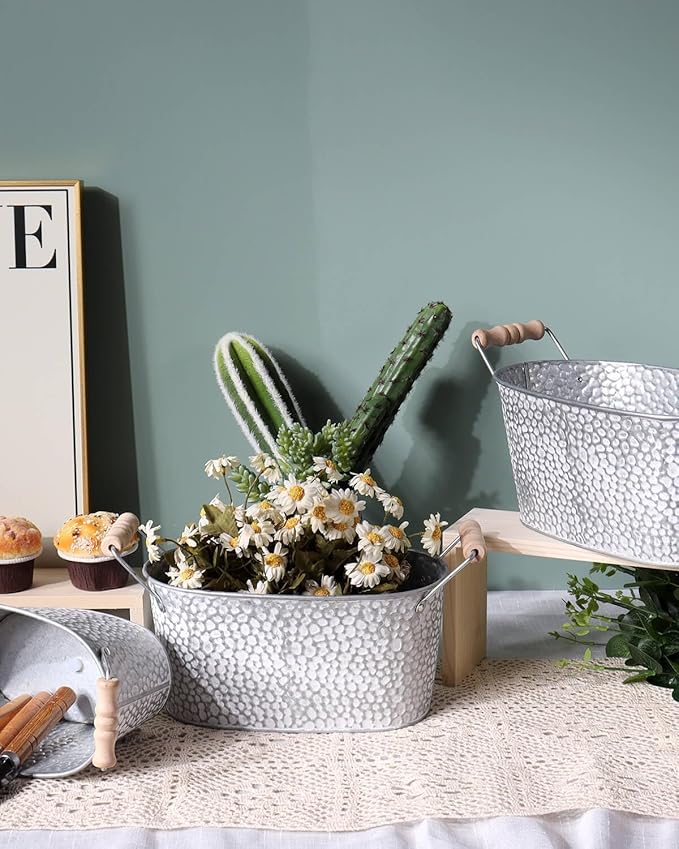 Galvanized Oval Planter Tubs for Outdoor Plants - Farmhouse Small Metal Tin Buckets with Drain Hole & Rubber Plug Medium Plant Containers with handles vintage style for decor, Set of 3 (Stone Pattern)