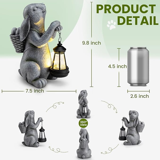 Solar Garden Outdoor Statues Rabbit with Solar Lantern,Outdoor Bunny Figurines Decorations,Lawn Decor Bunny Statue for Patio, Balcony, Yard Ornament,Unique Housewarming and Easter Gifts