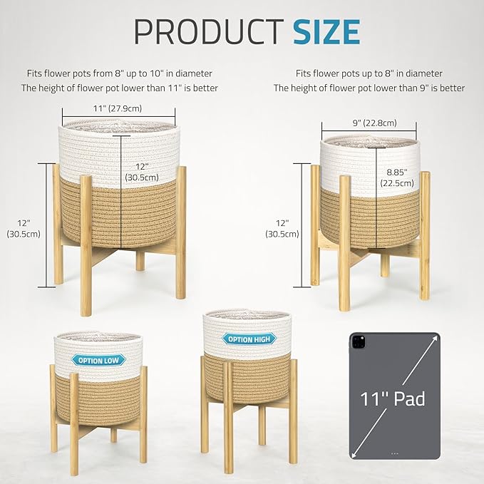 PAULINN Plant Basket with Stand 2 Packs, 11" x 11" & 9" x 9" Woven Plant Basket with Bamboo Stand, for Indoor Plants, Fits 10" x 10" & 8" x 8" Plant Pots