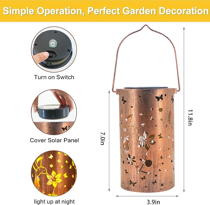 Mothers Day Gifts, Solar Lanterns Outdoor Hanging, Hummingbird Hollowed-Out Metal Waterproof LED Garden Decor Light for Patio Yard Pathway Lawn Front Porch, Birthday Gifts for Women Mom Grandma
