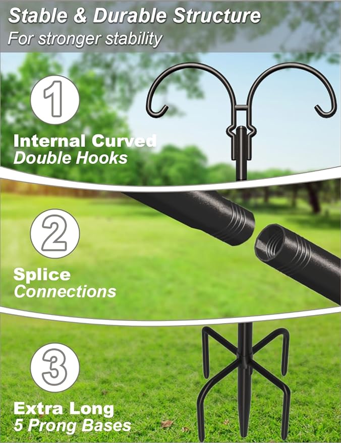 Outdoor Double Shepherds Hook with 5 Prong Base, 76 Inch Adjustable Heavy Duty Two Sided Bird Feeder Pole Stand for Hanging Plant Baskets, Solar Light Lanterns, Hummingbird Feeder, 1 Pack