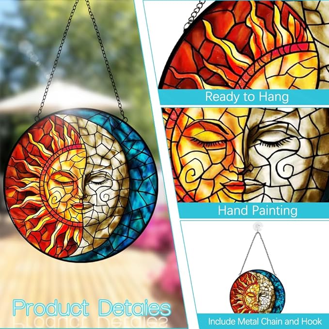 Sun and Moon Stained Glass Suncatchers for Windows Hanging - Celestial Decor Sun Catchers Valentines Day Gifts for Him Her - Handmade Wall Art Home Garden Stain Glass Window Suncatcher with Hooks