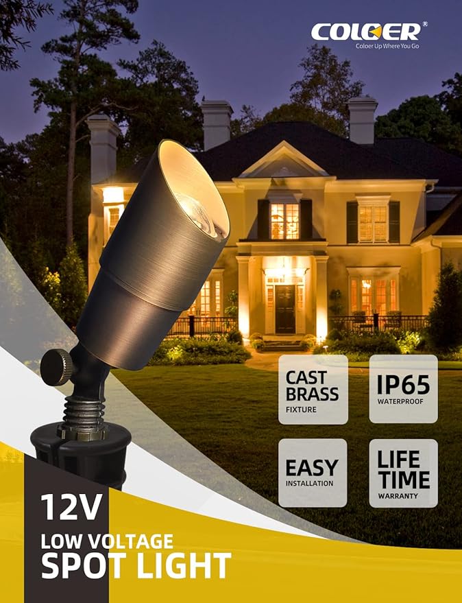 COLOER Brass Landscape Spotlights,10 Pack Spot Lights Outdoor with 5W Aluminum Housing MR16 LED Bulb 2700K 450LM,12V AC/DC Low Voltage Outdoor Lighting for Yard,Uplight for Garden and Patio(101B)