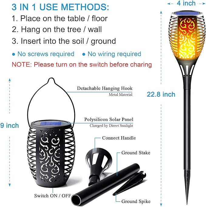 Solar Torch Lights 8 Pack - Outdoor Waterproof Solar Tiki Torches with Realistic Flickering Flame, 3-in-1 Hanging Lanterns, Fire Effect Landscape Decoration for Garden, Pathway, Yard & Patio