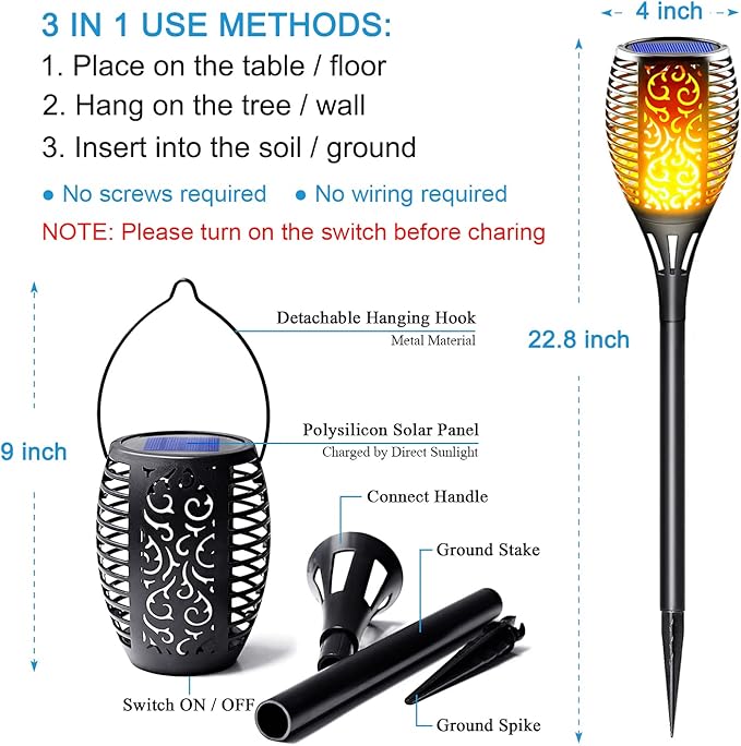 Large Solar Torch Light with Flickering Flame, Upgraded 3-in-1 Solar Fire Lights Outdoor Hanging Lanterns, Festival Decorations Solar Powered Tiki Torches for Garden, Pathway, Lawn, Yard