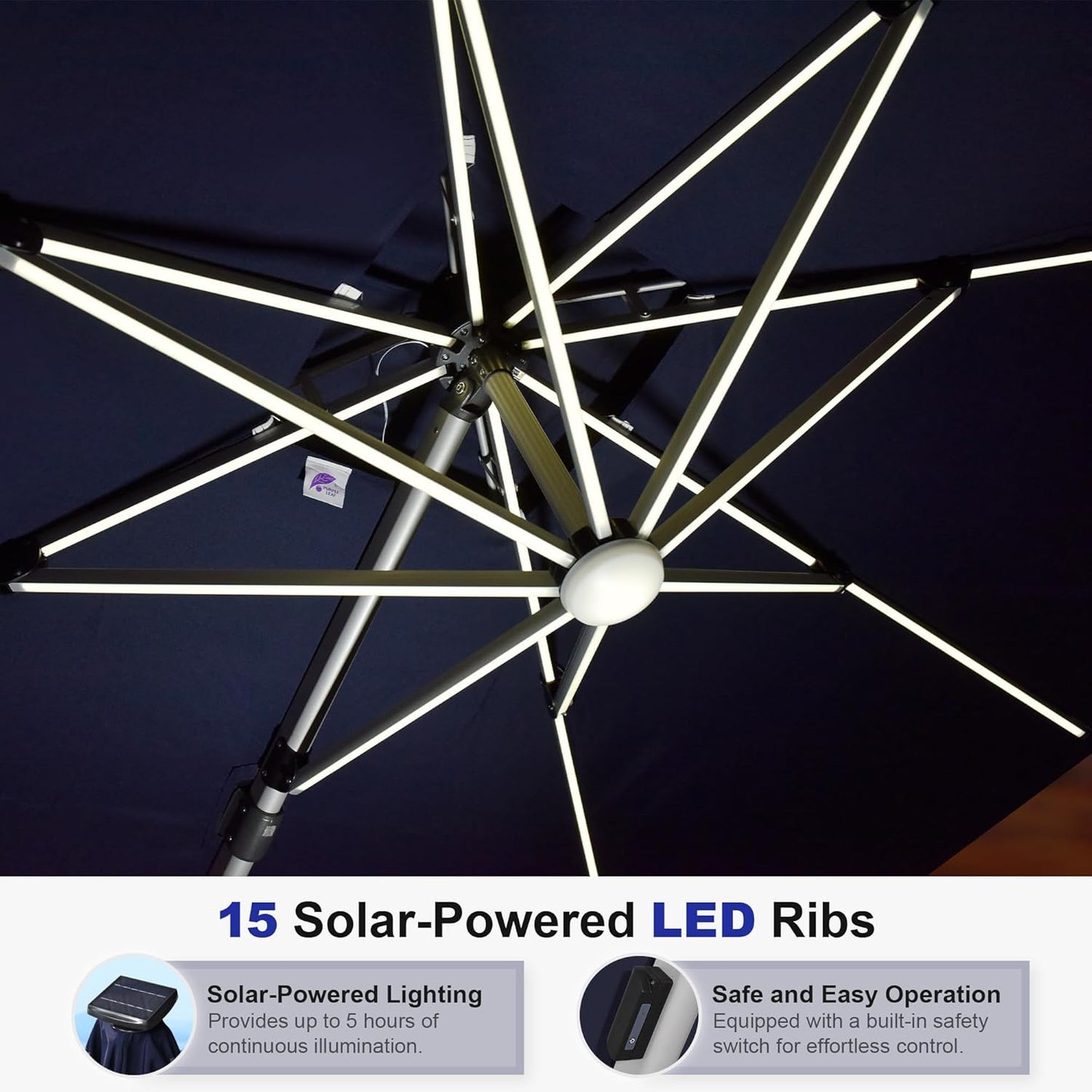 PURPLE LEAF 12 Ft Double Top Patio Cantilever Umbrella Outdoor Solar Powered LED Square Offset Large Garden Umbrella, Navy Blue