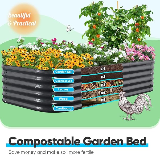 Quictent Galvanized Raised Garden Bed Kit, 8x4x1.5 ft Oval Metal Planter Box Tall for Vegetables Outdoor Backyard, Rubber Strip Edging Included (Dark Gray)