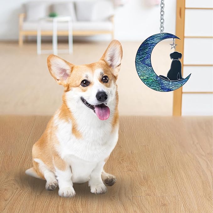 Dog Decor Stained Glass Moon Suncatchers Window Hanging, Wall Art Element Earth Tones Modern Design Home Garden Suncatcher, Dog Lovers for Halloween Decor (Moon Dog)