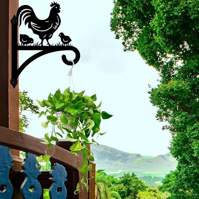 peacoblue Iron Plant Hangers Hooks for Outdoor Indoor Hanging Plants Fern Pots, Lantern, Bird Feeder, Wind Chimes, 12”x14” Rooster Weather Resistant Metal Wall Brackets for Garden, Farmhouse(Rooster)
