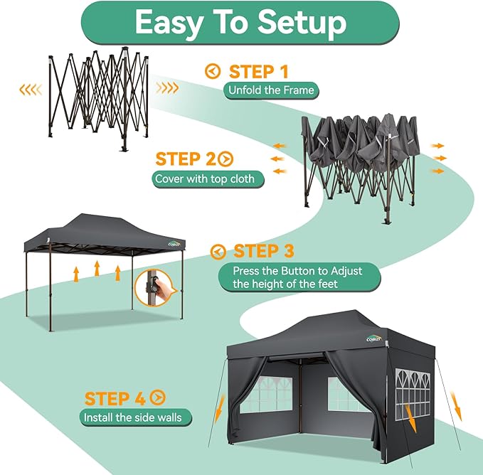 COBIZI 10x15 Pop Up Canopy Tent Heavy Duty with Sidewall, Commercial Outdoor Easy Pop Up Gazebo for Party Wedding All Weather Waterproof UV 50+ with Roller Bag(Leg Upgraded),Gray