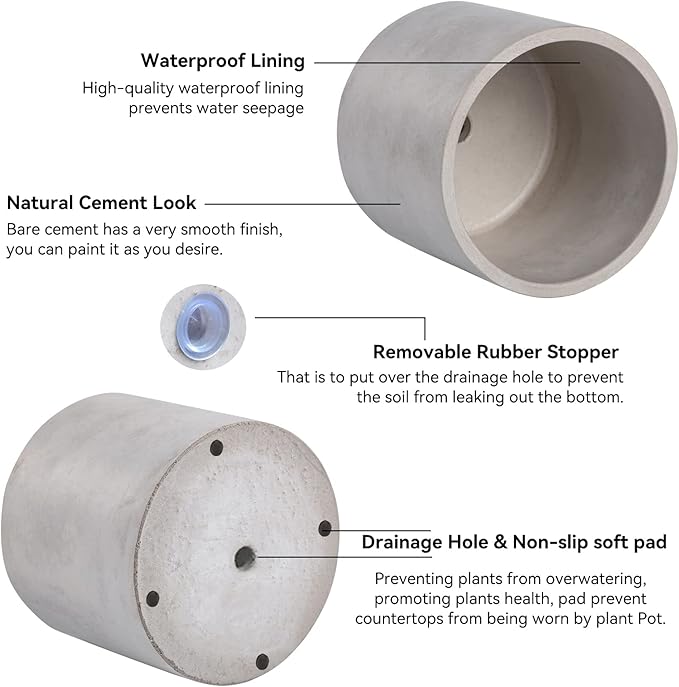 Ekirlin 3.5 in Plant Pot Indoor - Grey Cement Planters with Drain Hole, Removable Rubber Stopper, Non-Slip Soft Pad - Concrete Planter for Most Indoor Plants and Flowers