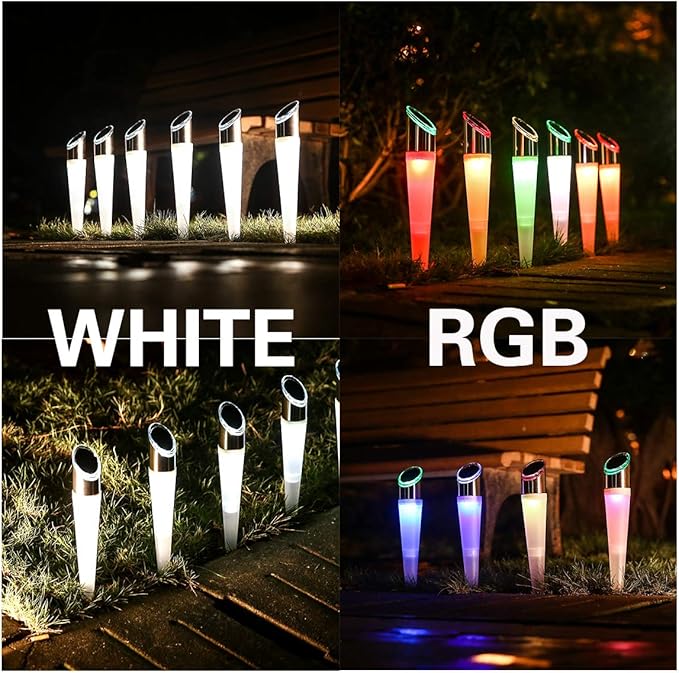 pearlstar Solar Lights Outdoor Garden Pathway Lights LED White&Color Changing Lights Landscape Lighting Waterproof for Path Lawn Patio Yard Walkway Driveway,4 LED Bulbs& 2 Lights Effect (6pack)
