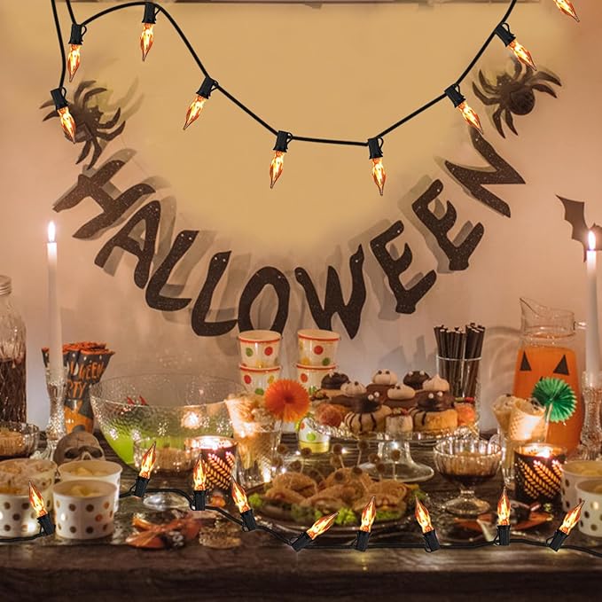 27.8Ft Halloween Decorations Flickering Flame String Lights with 29 Pack Clear Glass Flame Light Bulbs (4 Spare), E12 Base, Great for Christmas Halloween Indoor Outdoor Home Party Decor, Black Wire