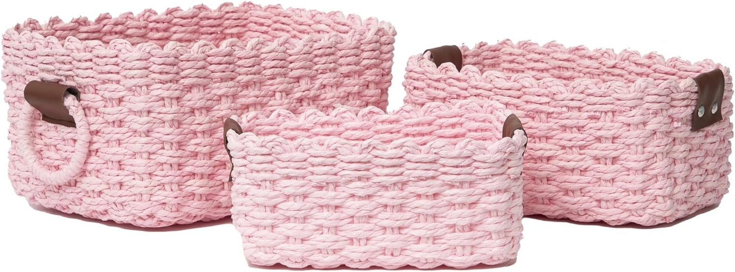 Small baskets for Organizing,Cute woven Storage basket with recycled paper rope for Shelves Bathroom,Little decorative basket,Set of 3 (Pink)