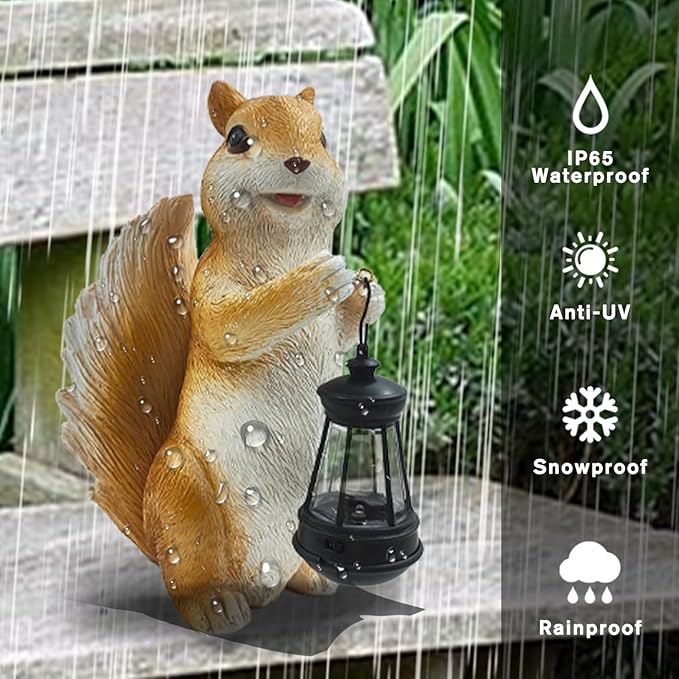 Solar Garden Squirrel Decor Statue Fairy Garden Accessories Outdoor Figurine LED Lights Art Housewarming Gift for Patio Yard Lawn Ornament Cute Animal Decoration