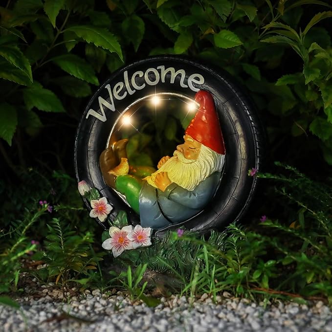 WONDER GARDEN Gnome Garden Decor for Outside - Welcome Gnome Solar Powered LED Light Outdoor Decor, Gnomes Statues Outdoor Funny Resin Garden Sculpture Decorations for Patio, Lawn