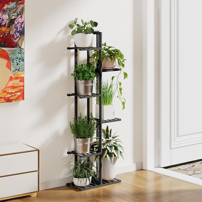 ROSSNY Plant Stand Indoor, 6 Tier 7 Potted Bamboo Plant Stands for Indoor Plants, Corner Plant Stand, Tiered Plant Stands, Plant Shelf For Indoor, 48 Inch Tall Planter Holder for Multiple Plants Indoor, Black