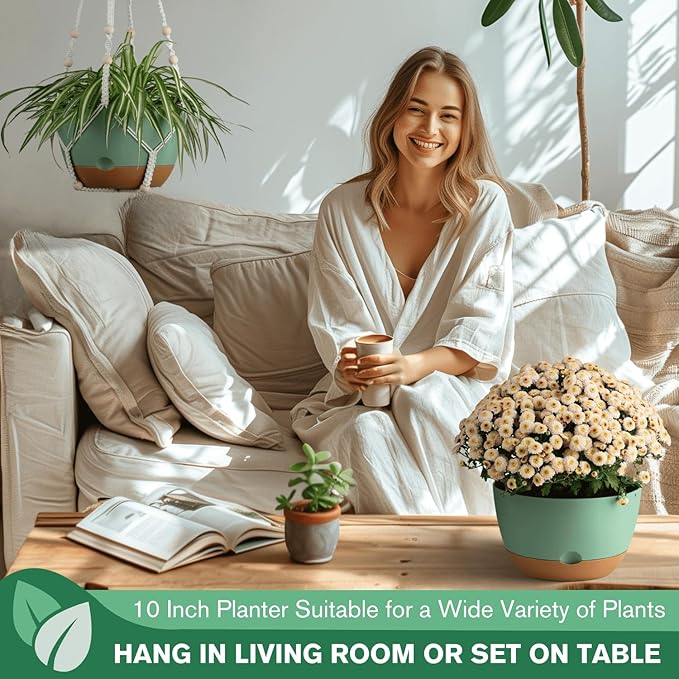 Set of 2-10 Inch Hanging Planters for Indoor Plants with Self-Watering Includes Hanging Pots for Plants, Outdoor Hanging Plant Pot with Drainage, and 2 Types of Hanging Baskets Hangers (Green, 10inch)
