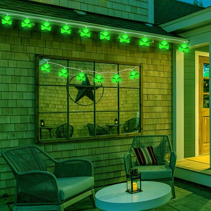 St Patricks Day Decorations Shamrock String Lights, 8.5FT Green Lucky Clover String Lights Waterproof with 10 Green LED Lights for Indoor Outdoor St. Patrick's Day Party Decorations, White Wire