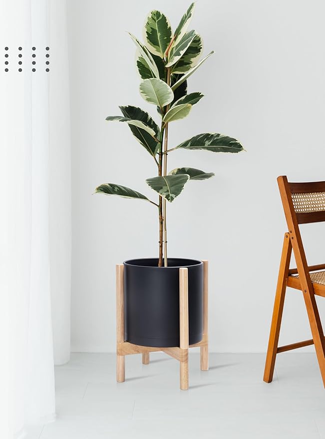 D'vine Dev Planter Pot with Stand - 12 Inch Plastic Cylinder Flower Pot with Wood Planter Holder for Indoor, Matte Black Pot + Natural Stand, 55-C-P-2